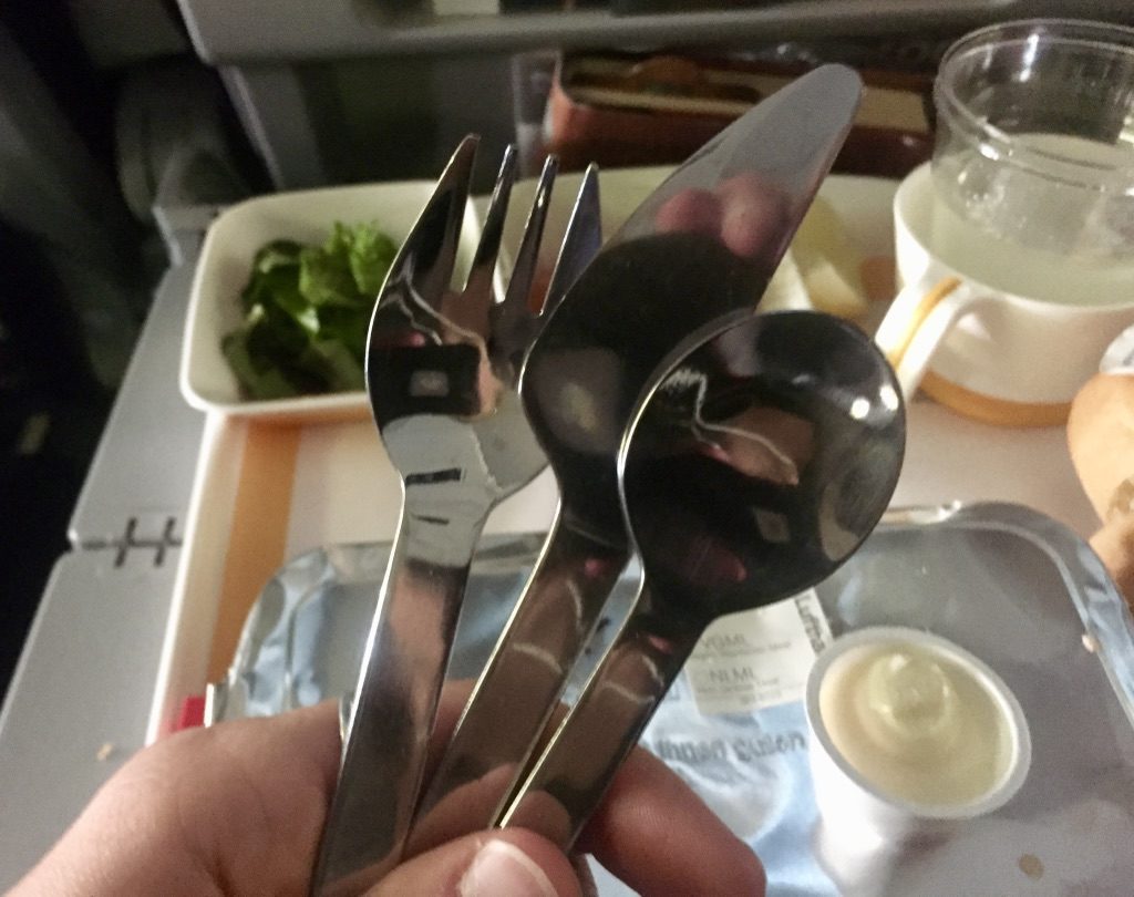 stainless steel cutlery for in-flight meal on Lufthansa airline flight