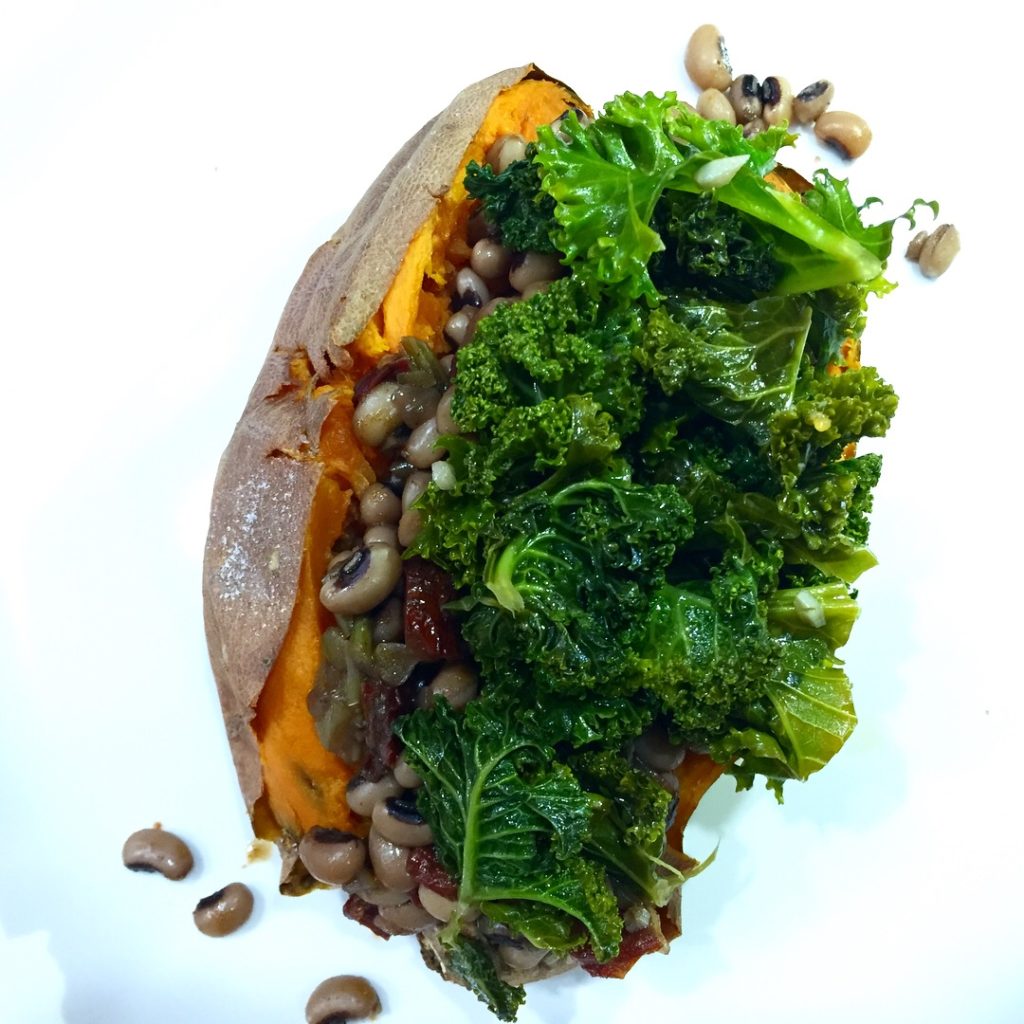 plant-based dinner: sweet potato with smoky black-eyed-peas and steamed kale thug kitchen recipe