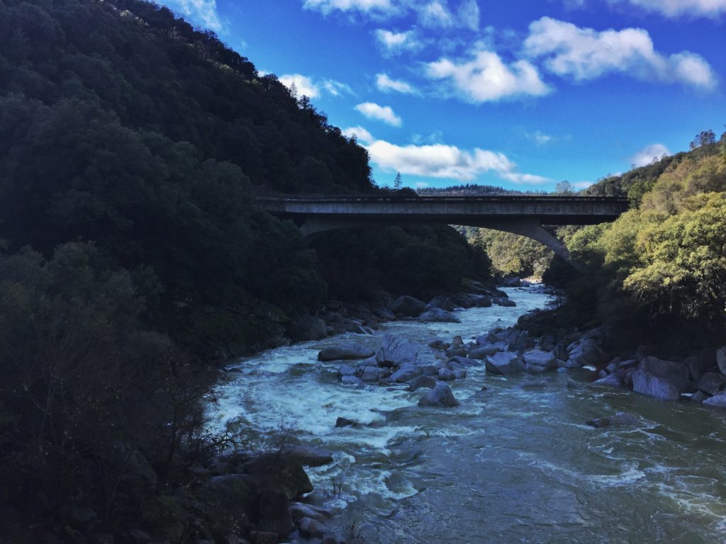 A view of the Yuba river near Nevada City, California on a partly cloudy January day.