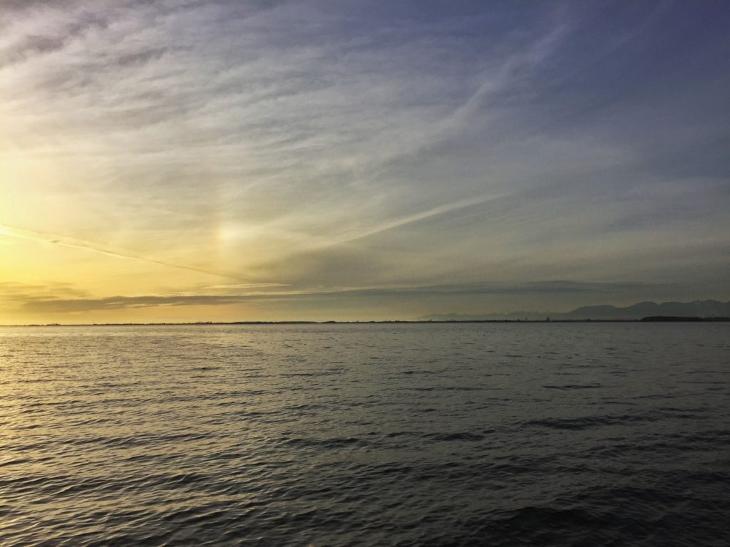 The view of Boundary Bay as seen from Crescent Beach on Blackie Spit in Surrey, BC.