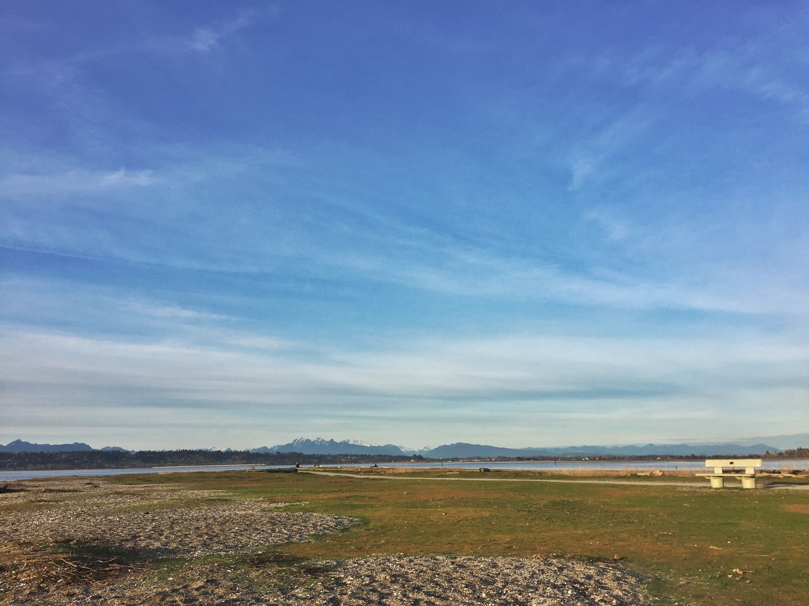 view of Blackie Spit in Surrey, BC with coastal mountains in the background.