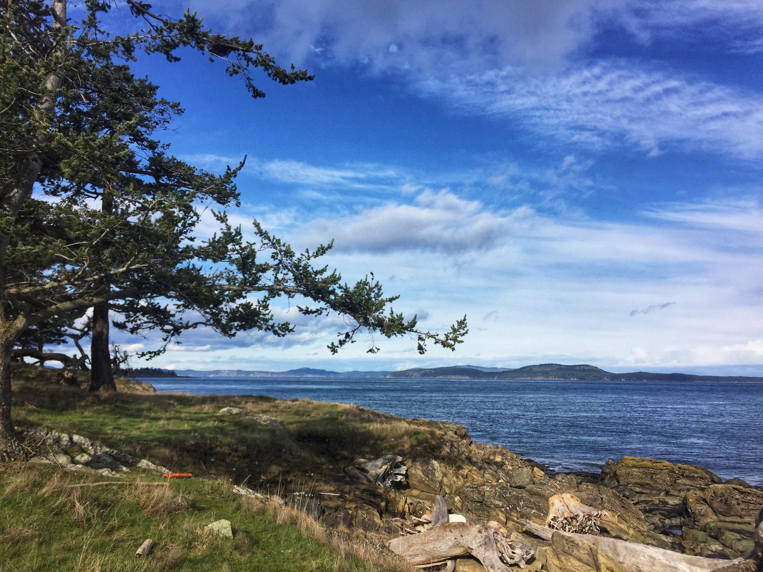 photo of a coastal ocean scene on Sidney Island, looking out over the Southern Gulf Islands of British Columbia. Scene depicts forests, rocky shoreline, and blue Pacific ocean water