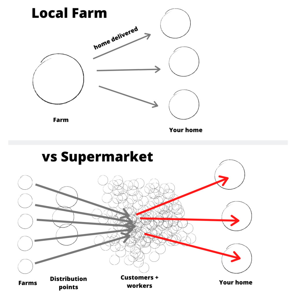 graphic drawn by Freeman Farms in New Zealand, depicting local food systems versus global food markets