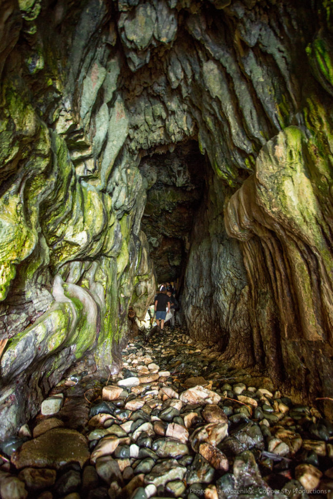 the view of the polystyrene cave looking at the entrance from the back of the cave, on Texada Island, British Columbia, Canada
