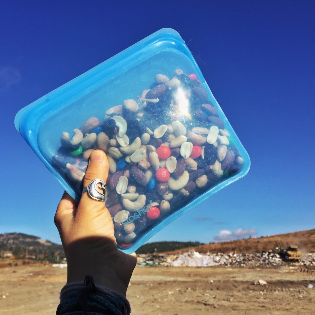 a visual representation of small acts leading to big change: a reusable silicon ziplock bag full of trail mix.