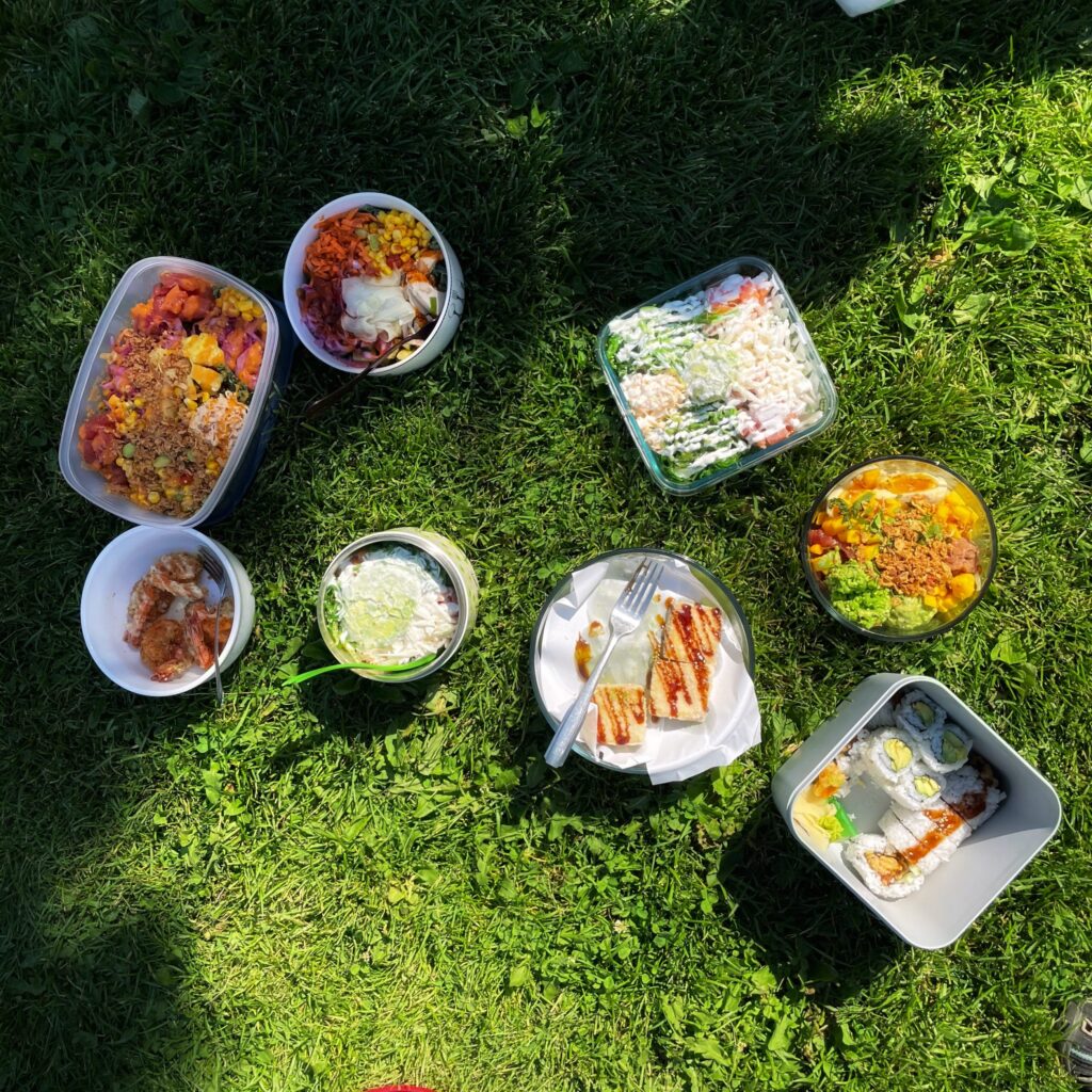 A top-down view of a zero-waste picnic lunch in a grassy park with several reusable dishes full of sushi and poke bowls.