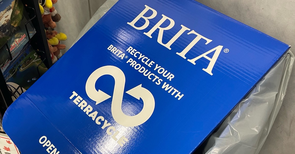 The top of a blue, Terracycle collection box for Brita filters.